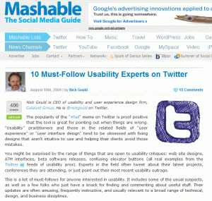 W Craig Tomlin named 1 of the 10 must follow usability experts by Mashable